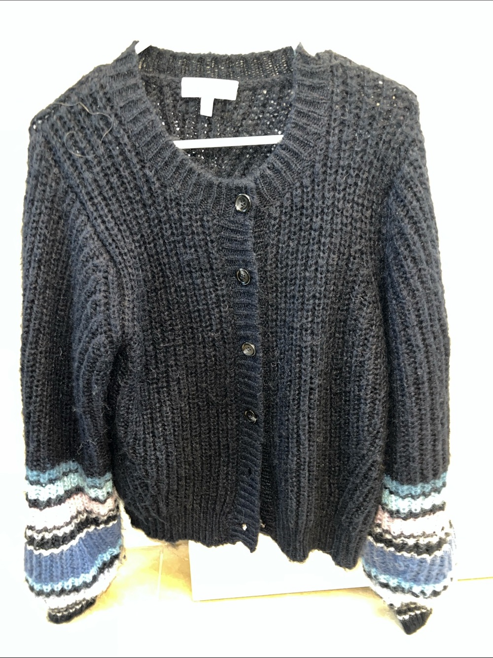 Michael Stars Navy Cardigan with Multicolor Striped Balloon Sleeves